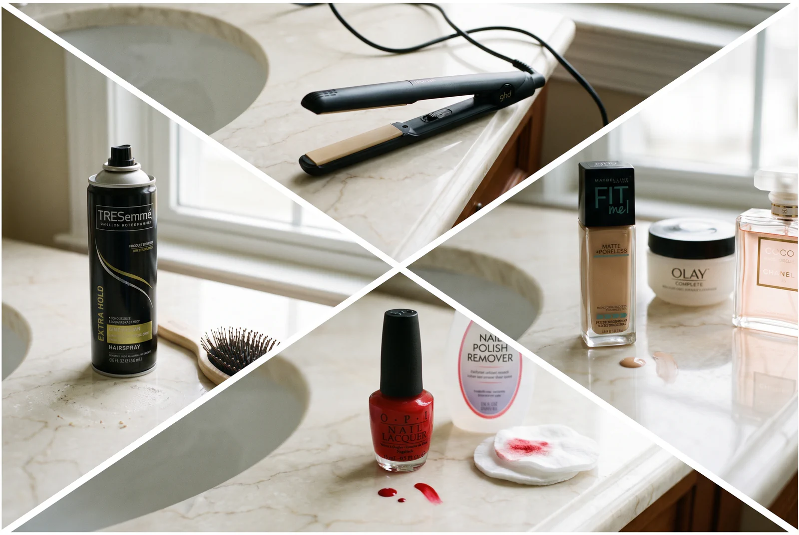A marble bathroom vanity holding hairspray, a straightener, nail polish and remover, foundation, moisturiser and perfume, with spilled polish on the stone