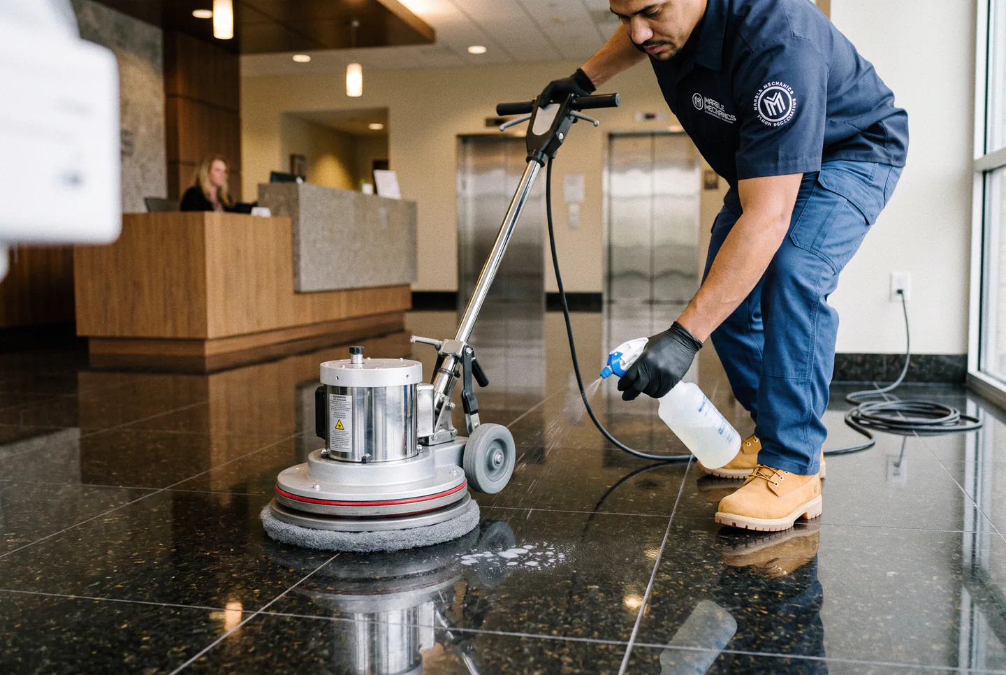 Commercial granite crystallization in Tampa: a Marble Mechanics technician spraying crystallization solution on a granite reception floor beside the floor machine