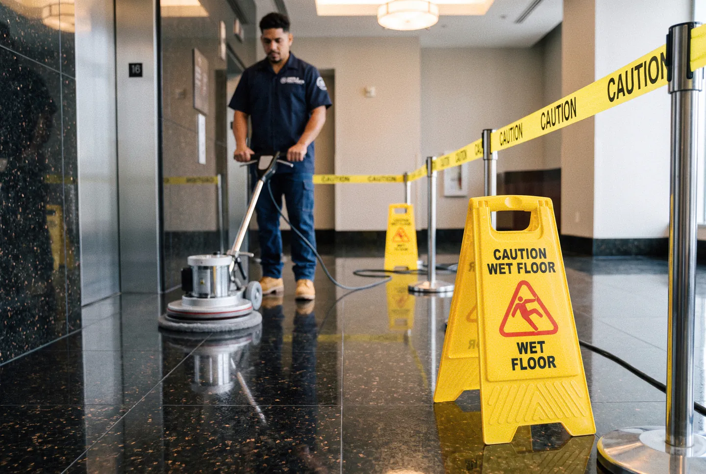 Commercial granite restoration in Tampa: the work zone taped off with wet floor signs while a granite corridor is polished