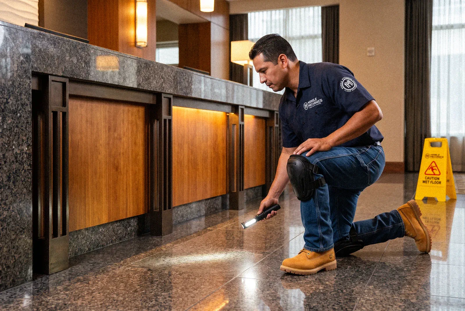 Marble Mechanics technician kneeling with a work light to inspect a polished stone floor in a Tampa Bay commercial lobby
