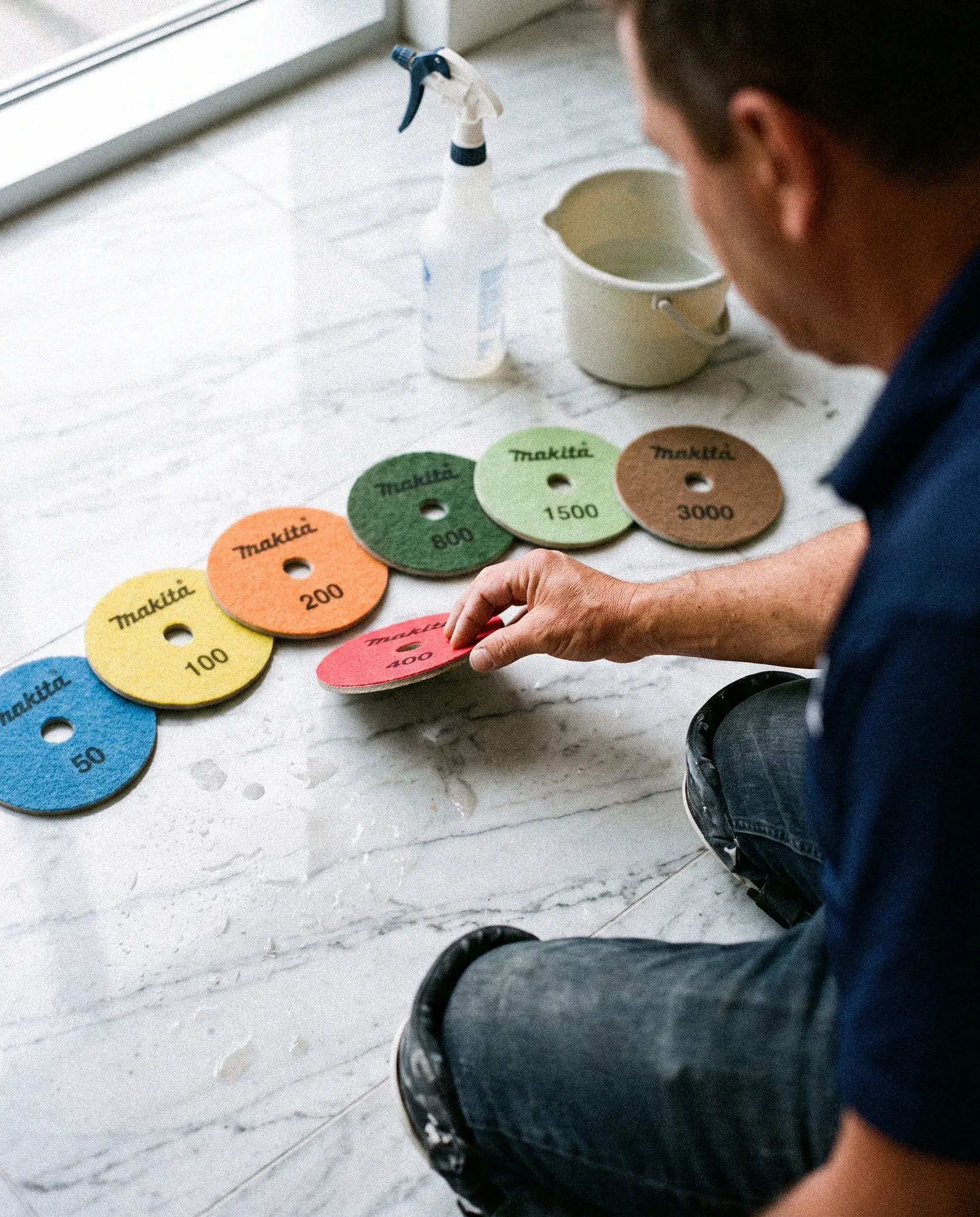 A Marble Mechanics technician laying out diamond polishing pads in grit order on a white marble floor, from the coarsest to the finest