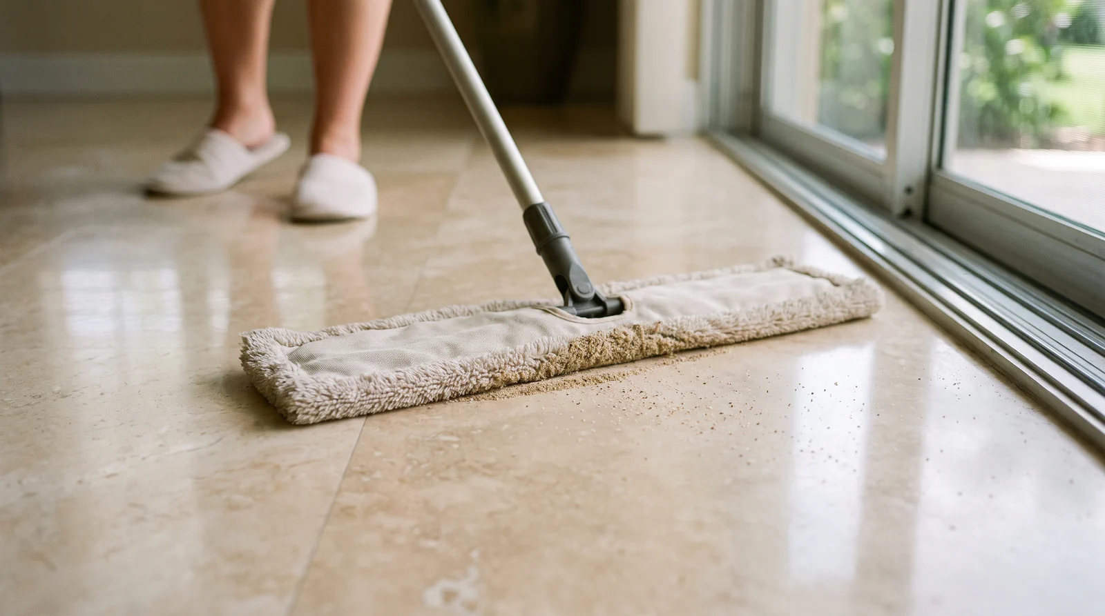 Dust mopping sand off a polished stone floor beside a sliding door in a Tampa Bay home