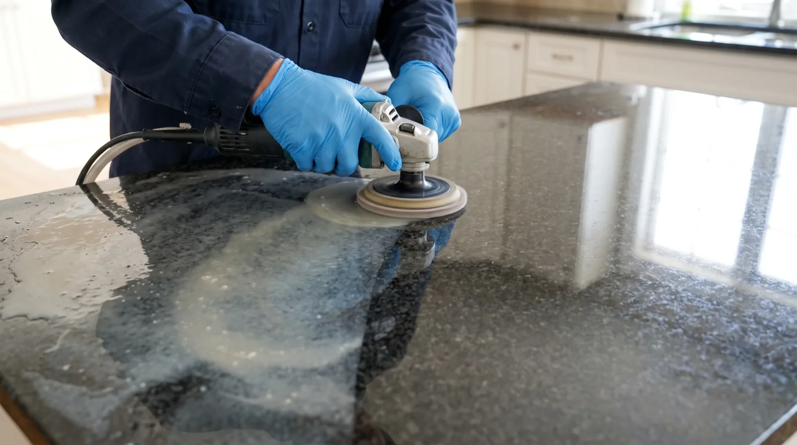 Diamond pad polishing restoring the shine to a dull granite countertop in Tampa Bay