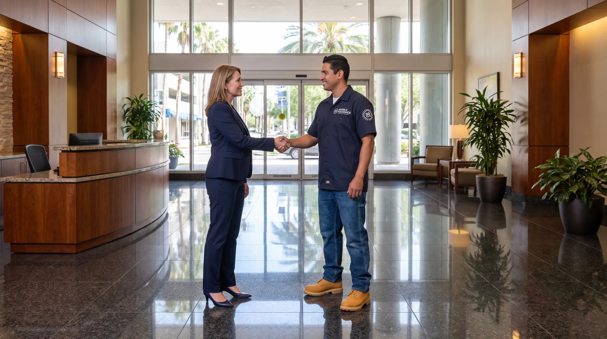 A Marble Mechanics technician greeting a client in a Tampa office lobby with a polished granite floor