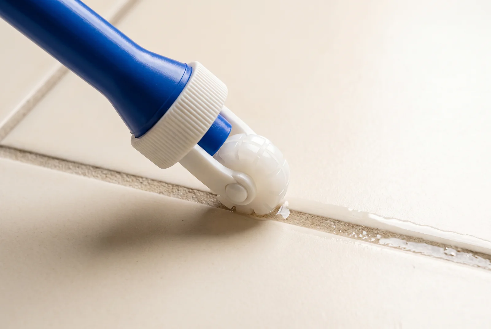 Sealer going down a grout line between ceramic tiles with a roller applicator in Tampa