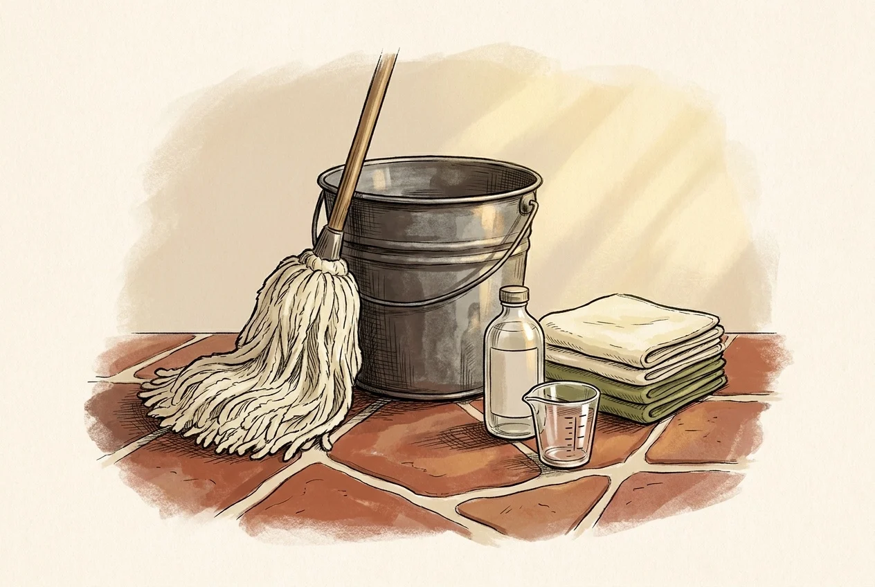 Microfiber mop, bucket, measuring cup and folded cloths for cleaning Saltillo tile
