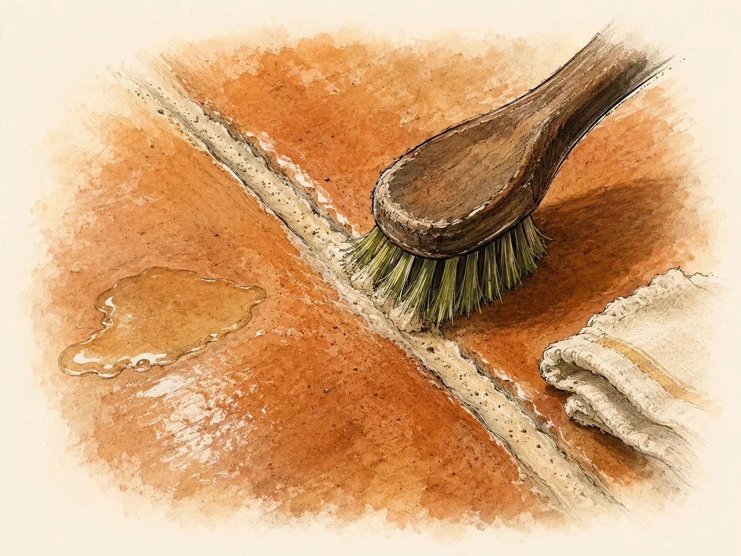 Soft nylon brush cleaning a Saltillo grout joint without touching the tile sealer
