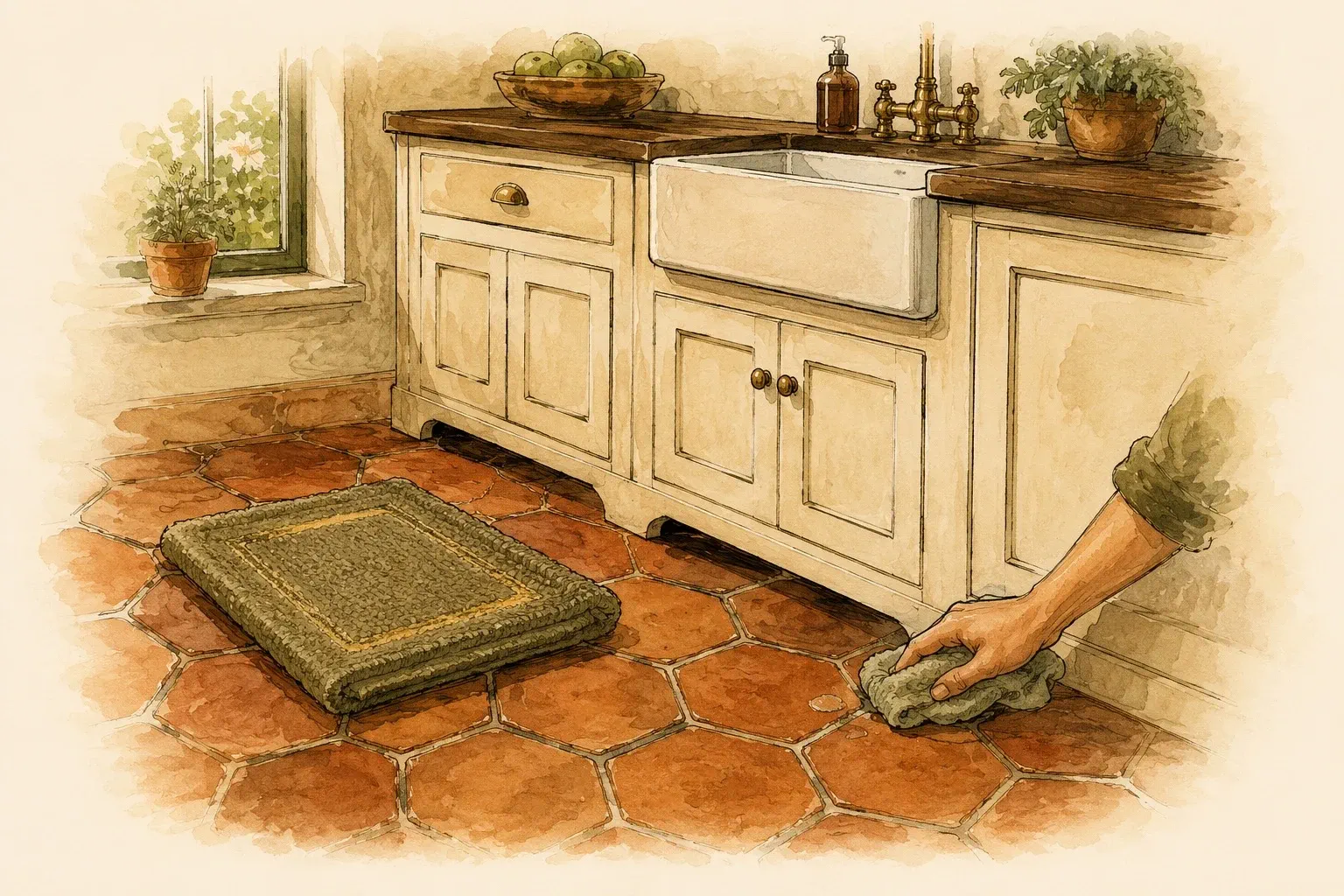 Saltillo kitchen floor with a mat in front of the sink and a cloth within reach