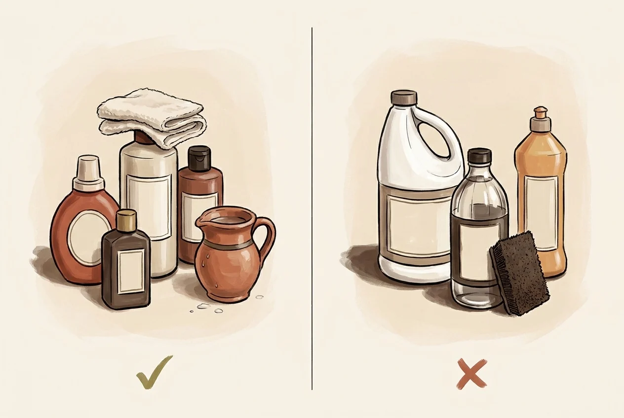Safe and unsafe cleaning products for sealed Saltillo tile shown side by side