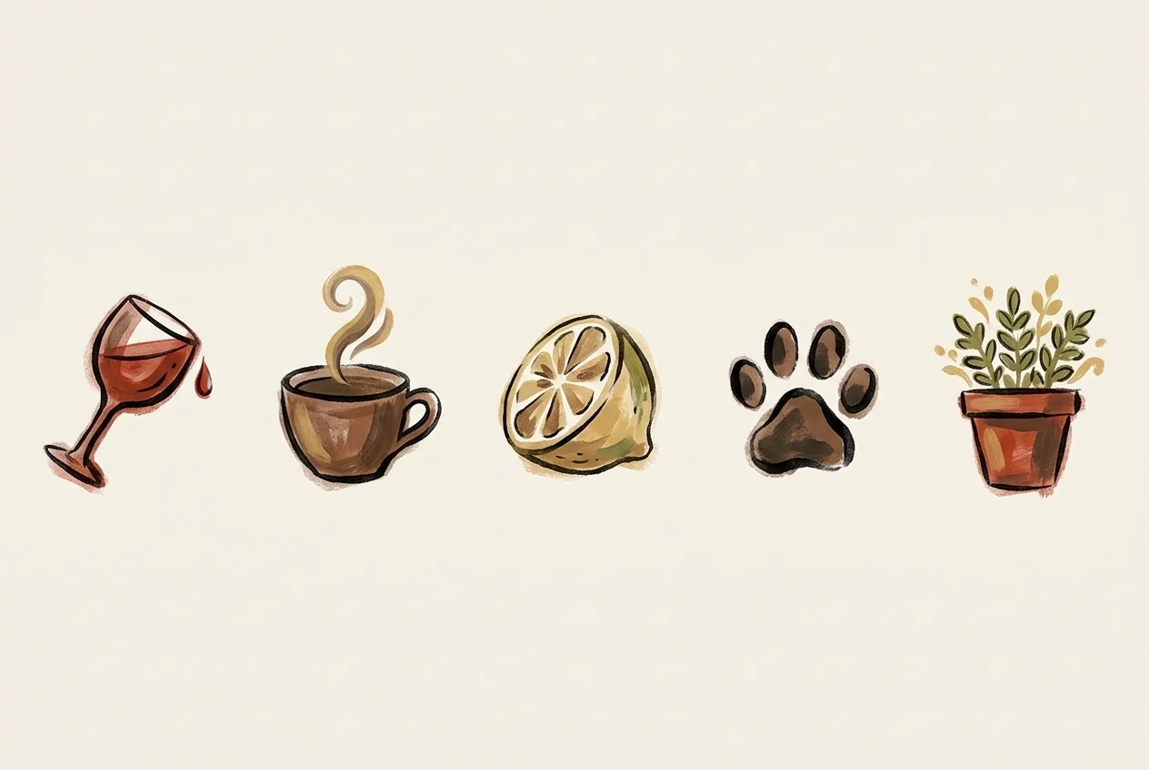 Illustration of common Saltillo tile spills: wine, coffee, citrus, pets and plant pot moisture