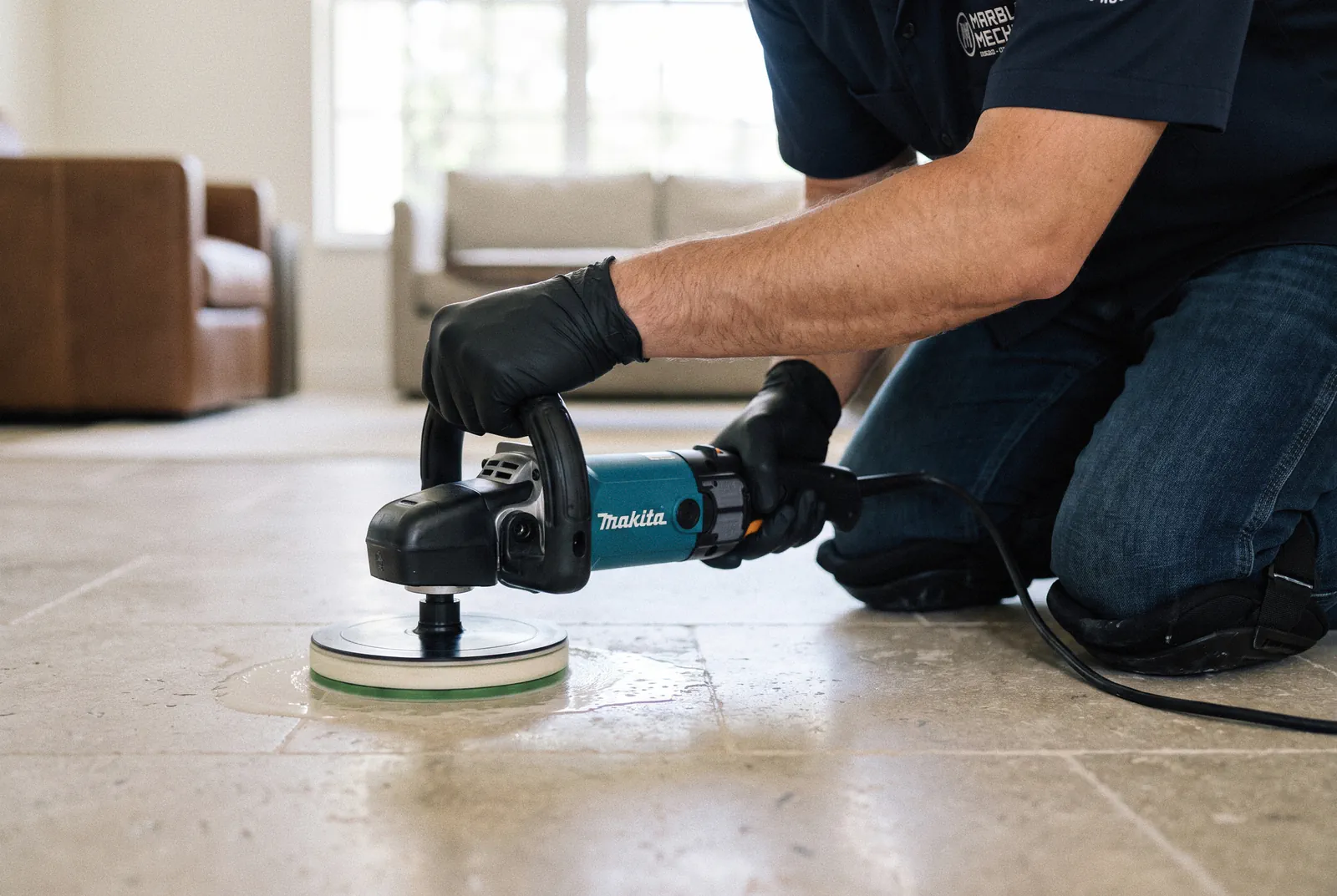 Limestone restoration in Tampa: a Marble Mechanics technician honing a limestone floor by hand with a variable-speed polisher