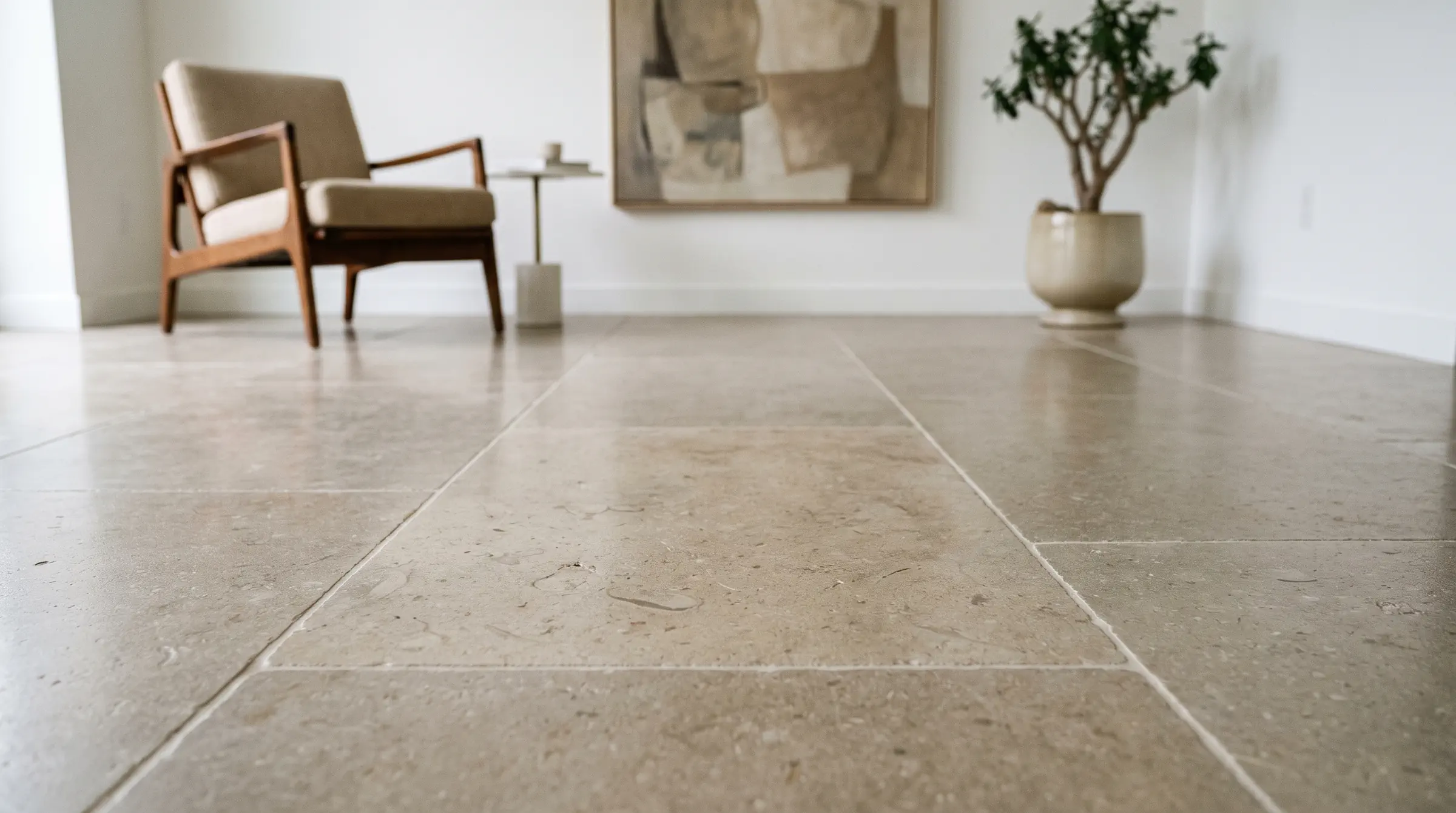 Limestone restoration in Tampa: a honed limestone floor running through a Tampa Bay living room