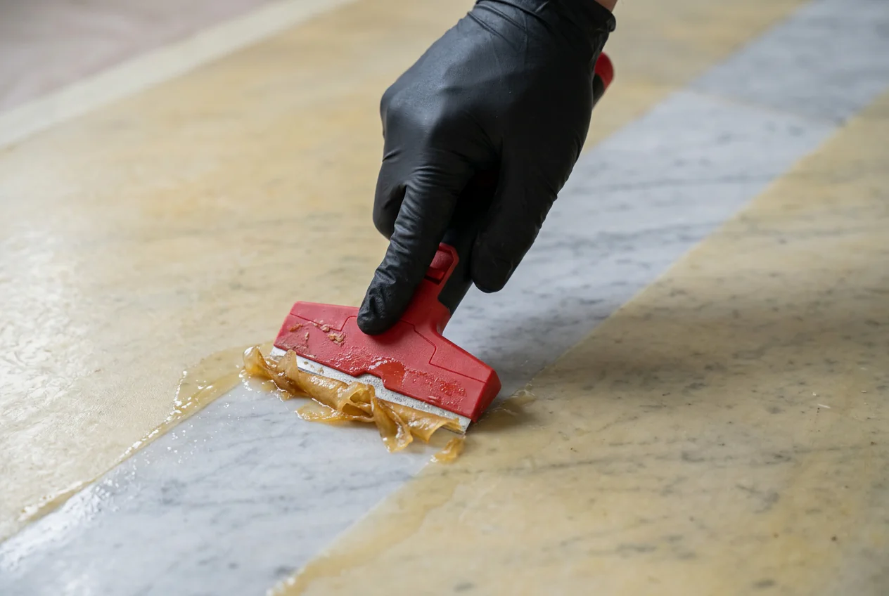 A gloved hand scraping yellowed acrylic sealer off a marble floor to expose the stone beneath
