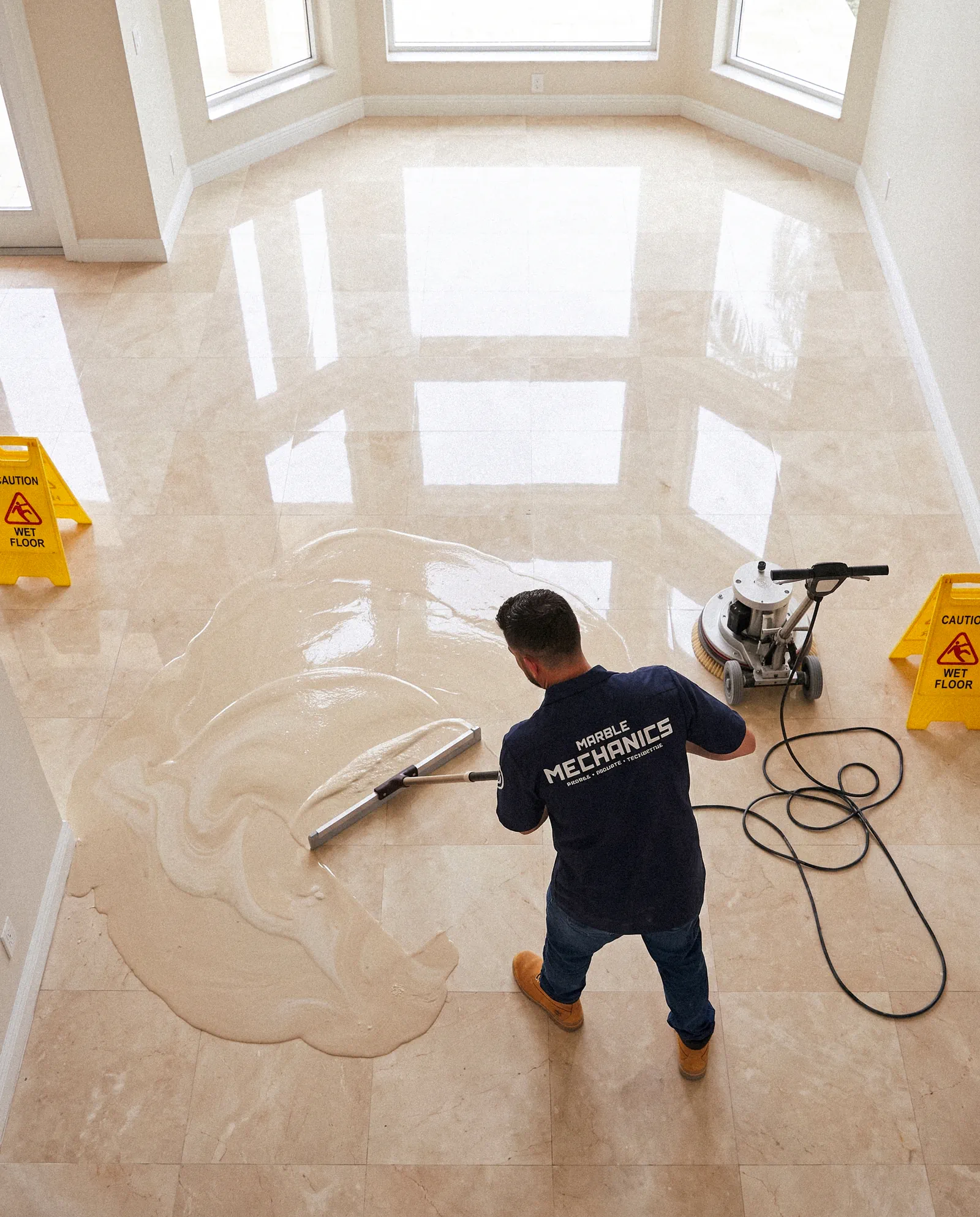 A Marble Mechanics technician squeegeeing polishing slurry from a marble floor in a South Tampa home