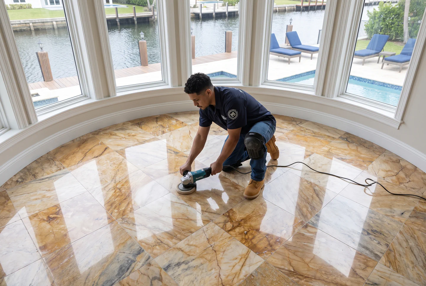 A Marble Mechanics technician hand polishing a marble floor in a waterfront Tampa Bay home