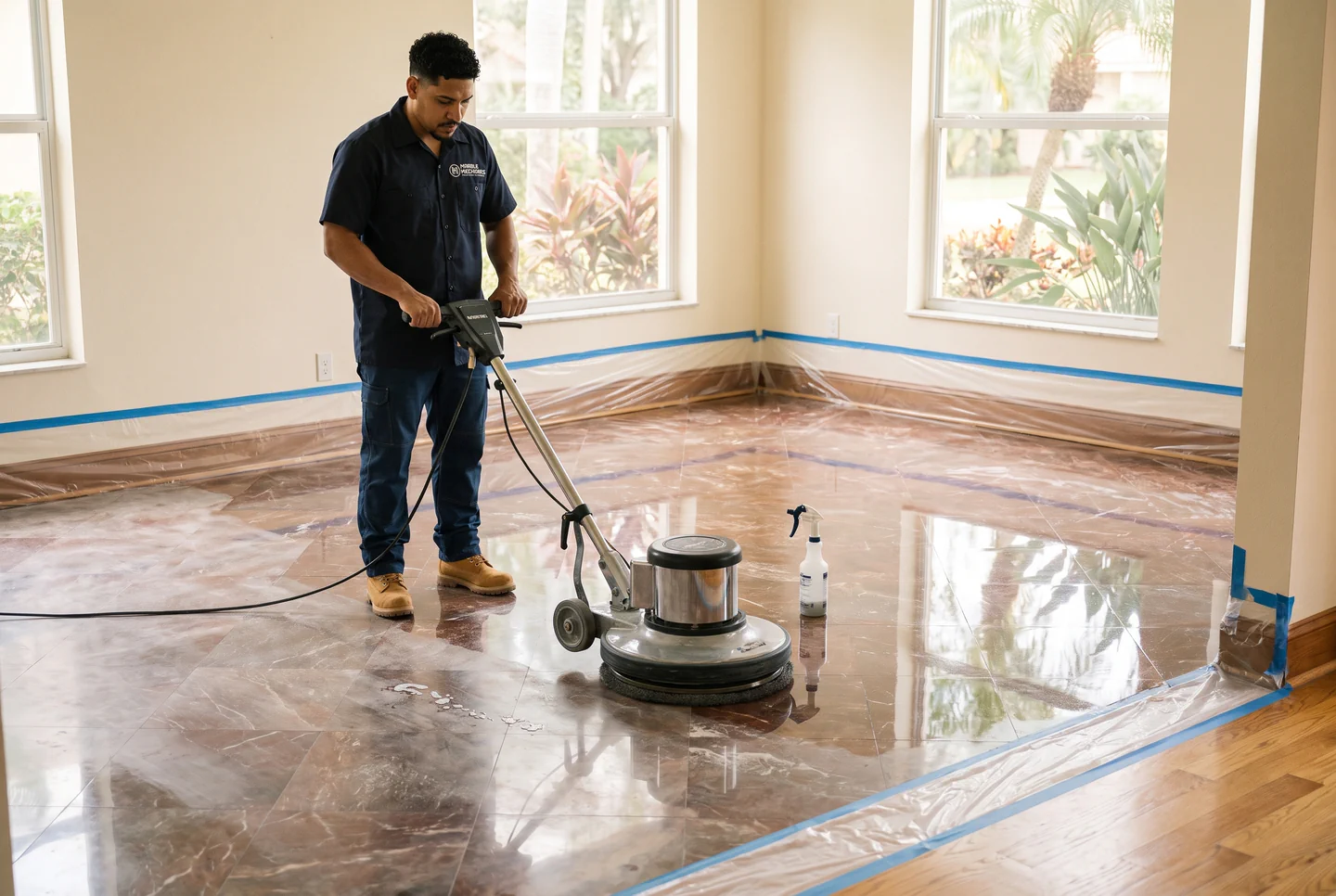 A Marble Mechanics technician running a floor machine on a marble floor in a South Tampa home