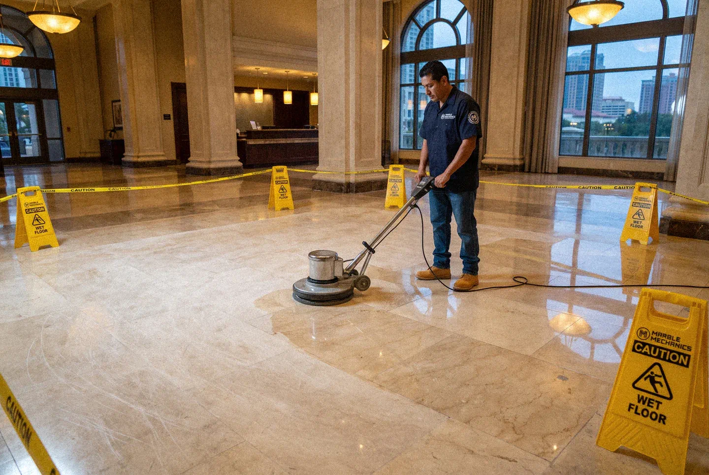 A Marble Mechanics technician polishing a marble lobby floor with a rotary machine in Tampa