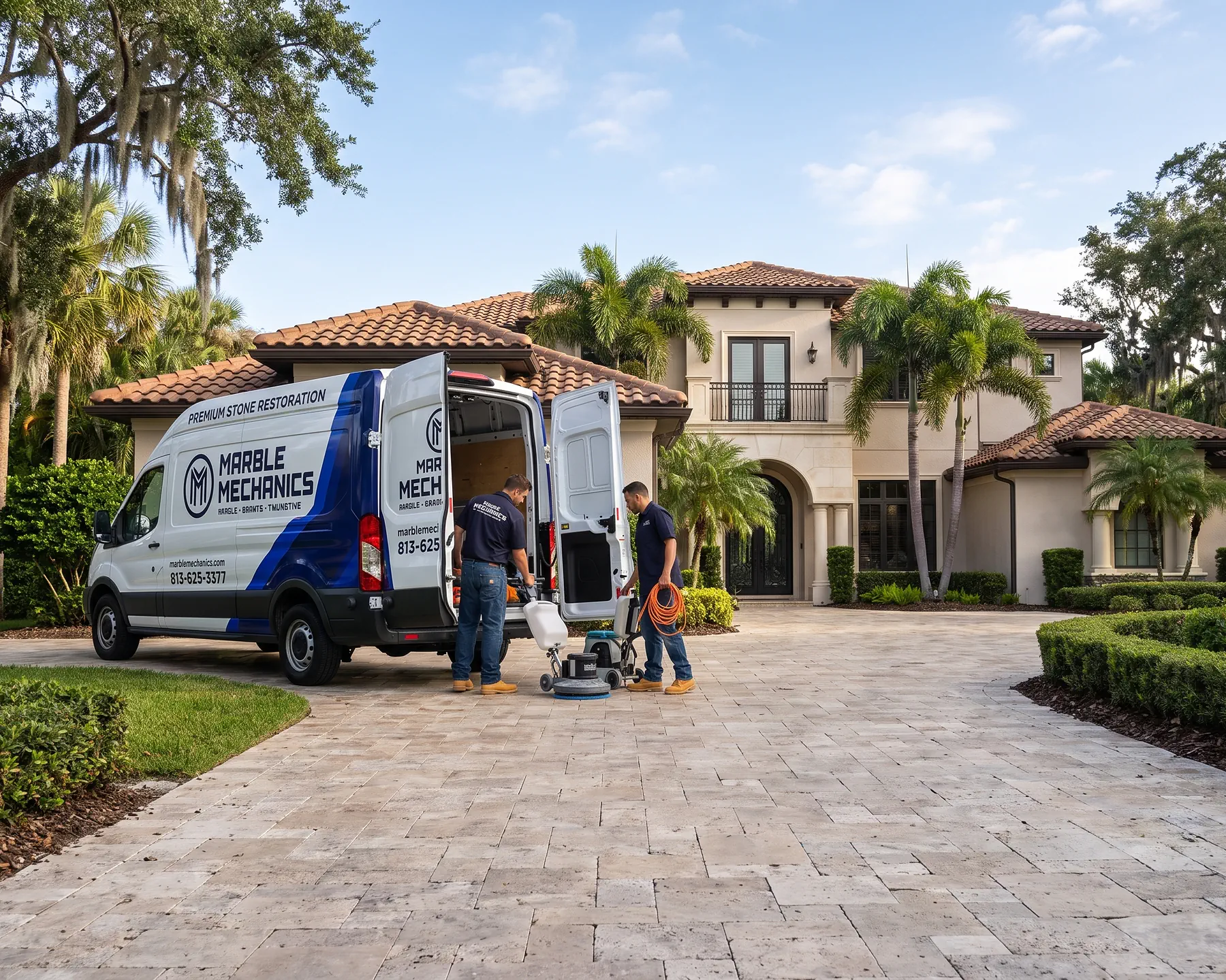 Marble Mechanics van on the driveway of a Tampa Bay estate with two technicians unloading a rotary floor machine