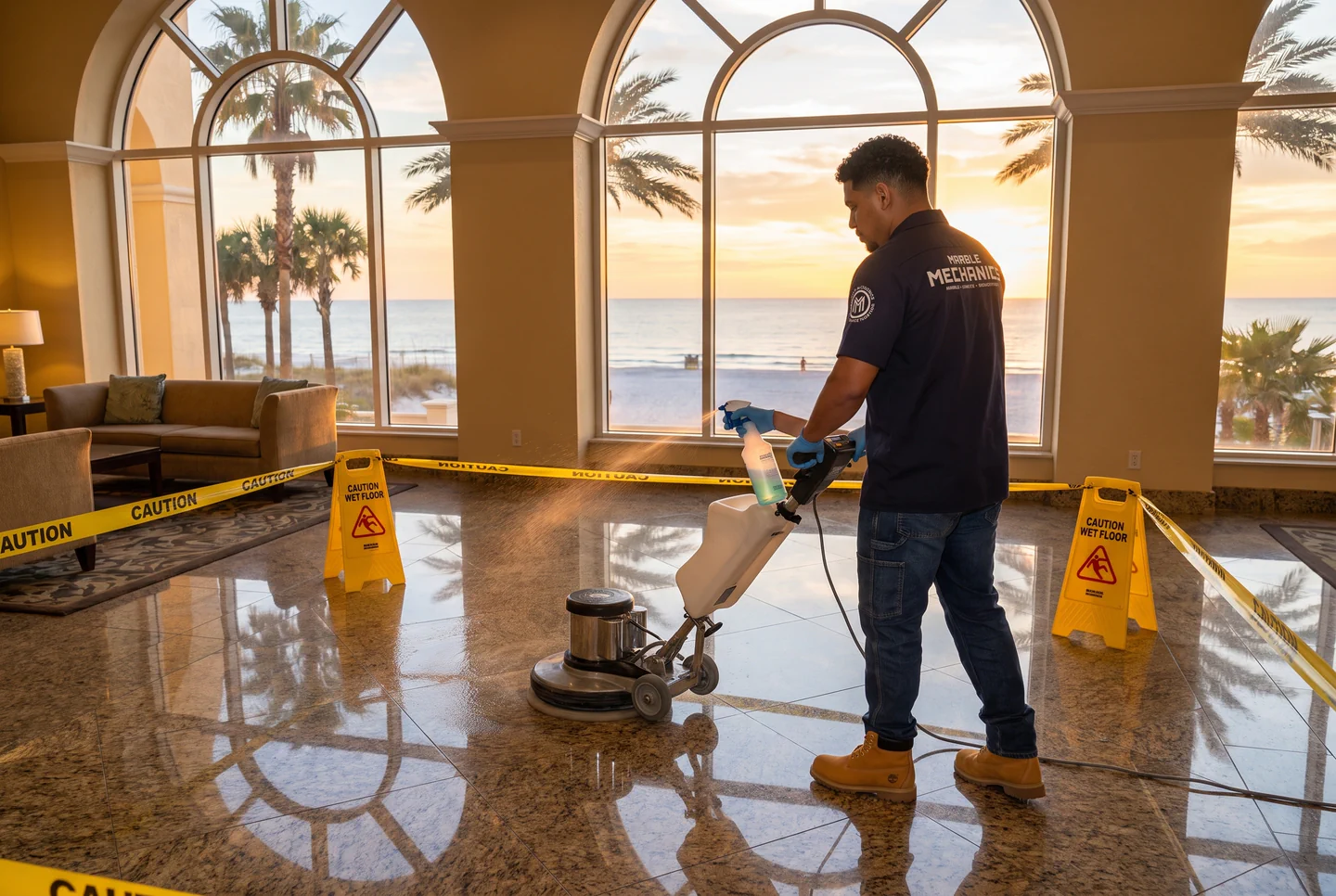 Marble polishing in Clearwater: a Marble Mechanics technician running a rotary floor machine in a beachfront condominium lobby, the work zone taped off