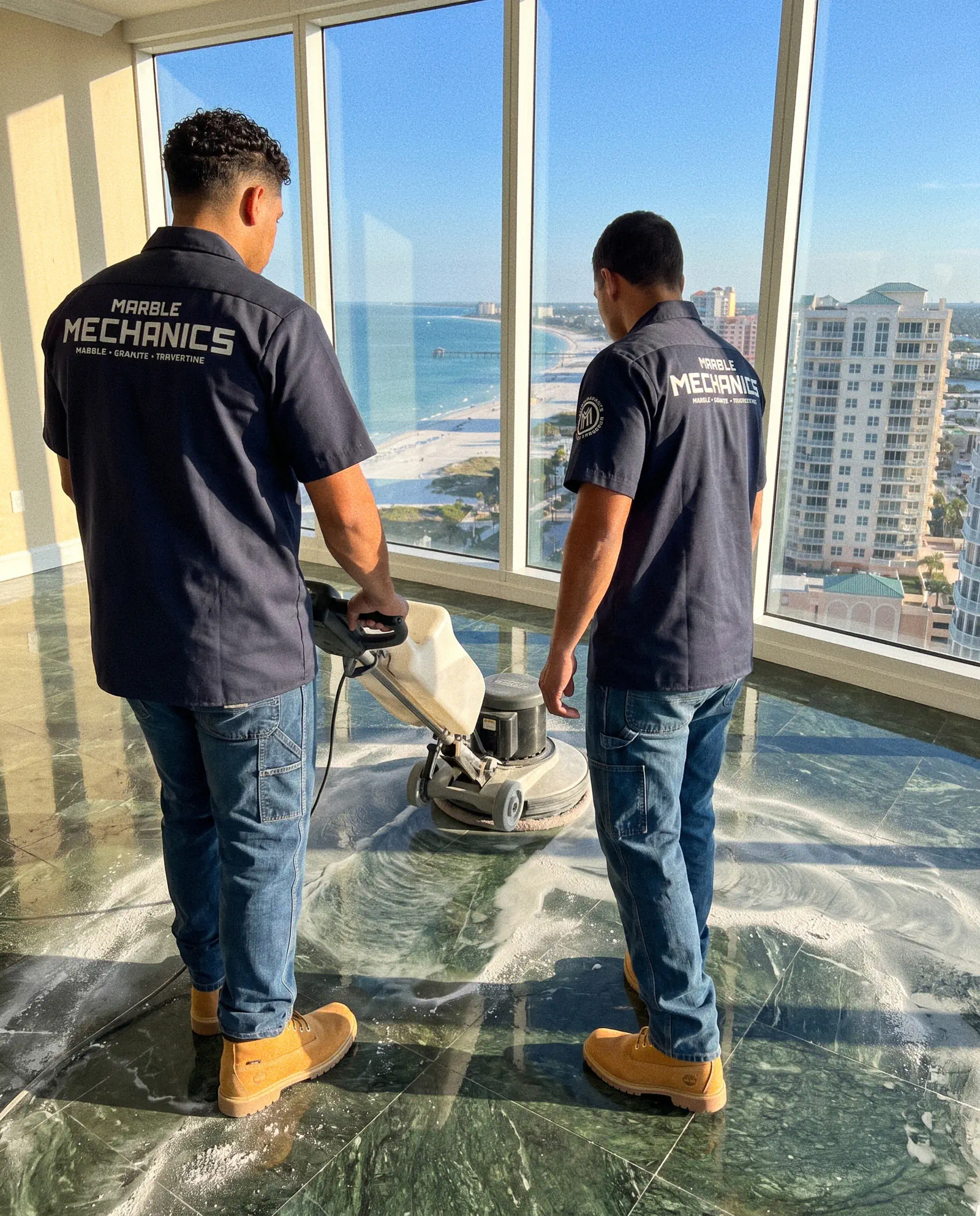 Marble polishing in Clearwater: two Marble Mechanics technicians running a rotary floor machine across a marble floor in a Clearwater Beach high-rise condominium
