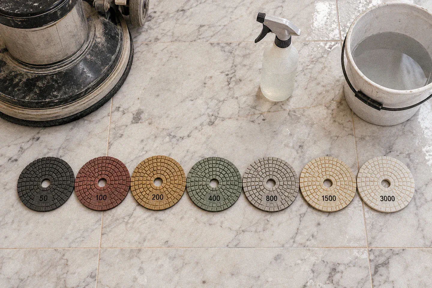 Diamond polishing pads laid out in grit order from 50 to 3000 beside a floor machine on marble