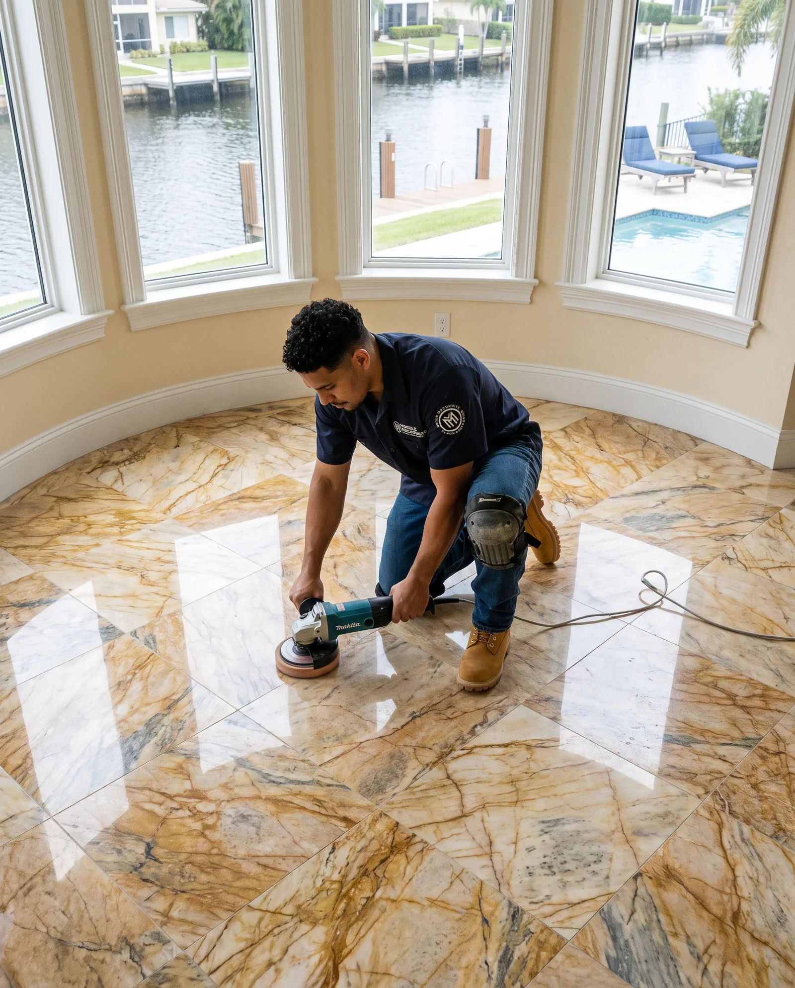 A Marble Mechanics technician hand polishing a marble floor in a waterfront Tampa Bay home