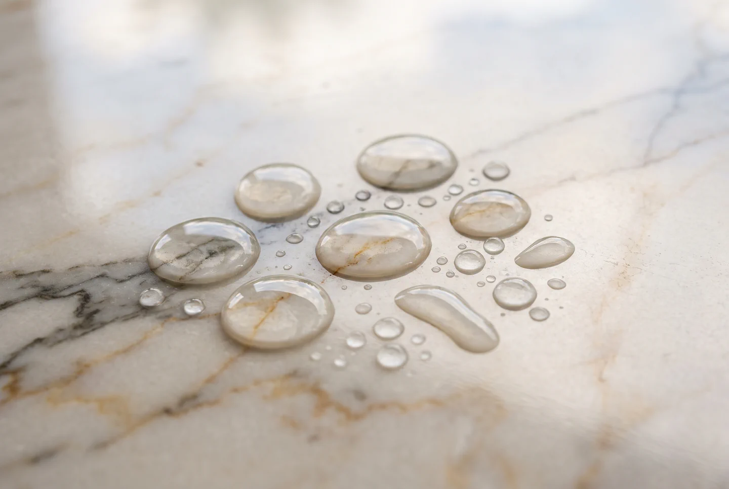 Water beading on a sealed marble surface at a South Tampa property