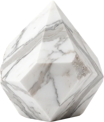A faceted specimen of Calacatta marble showing its bright white ground and bold grey veining