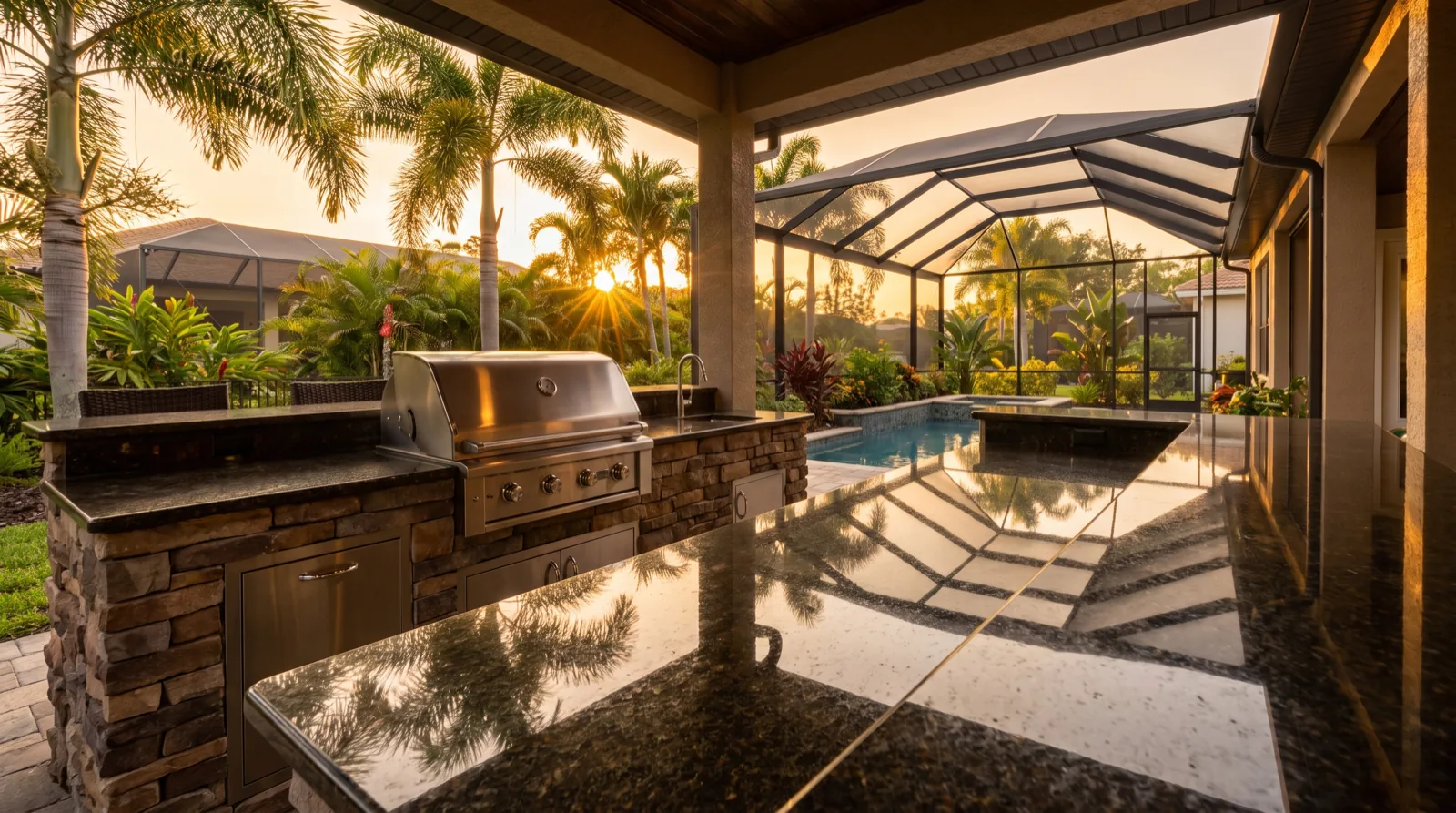 Restored granite countertops in a Tampa Bay outdoor kitchen