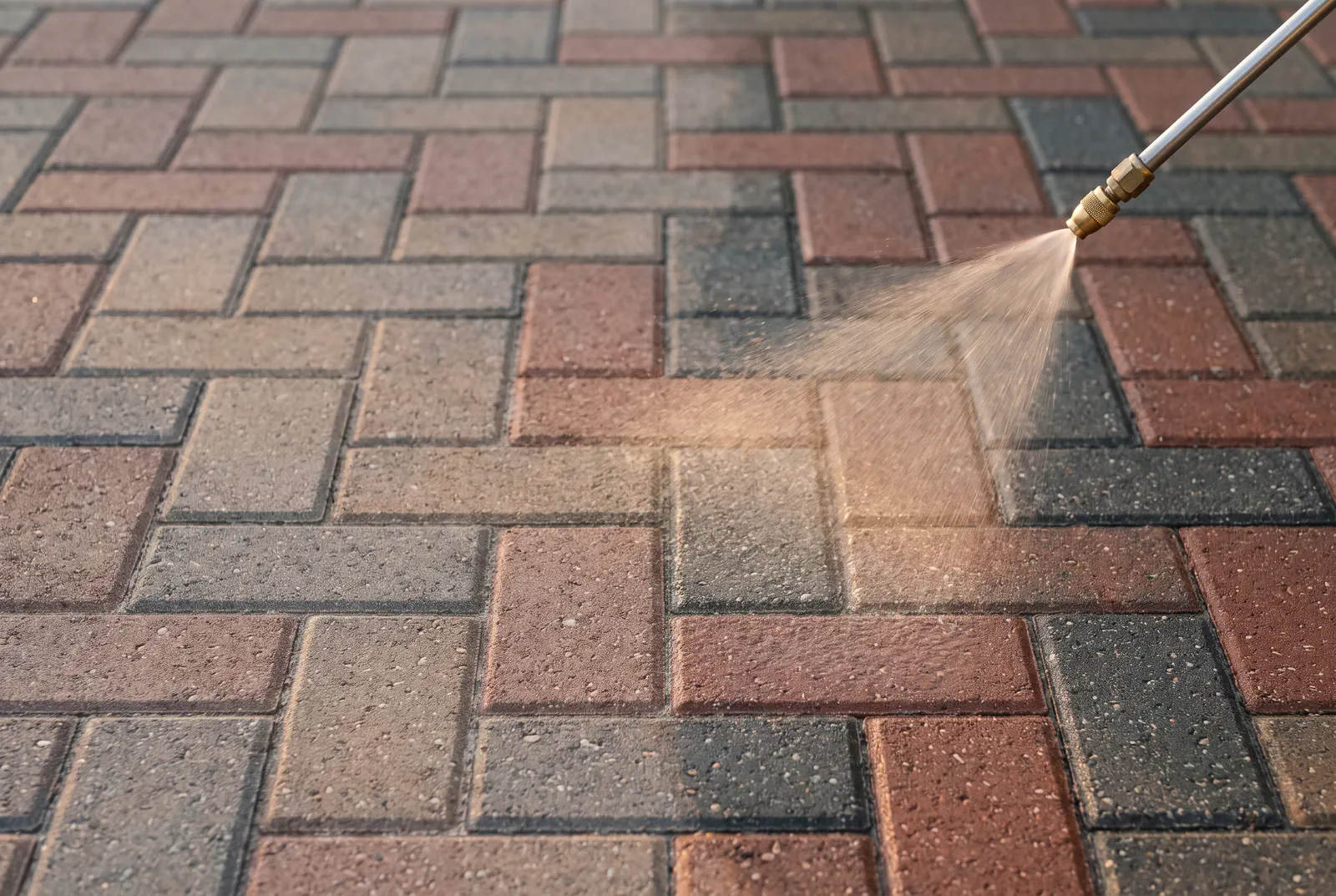 Paver sealing in Tampa Bay: a herringbone brick paver driveway treated by spray