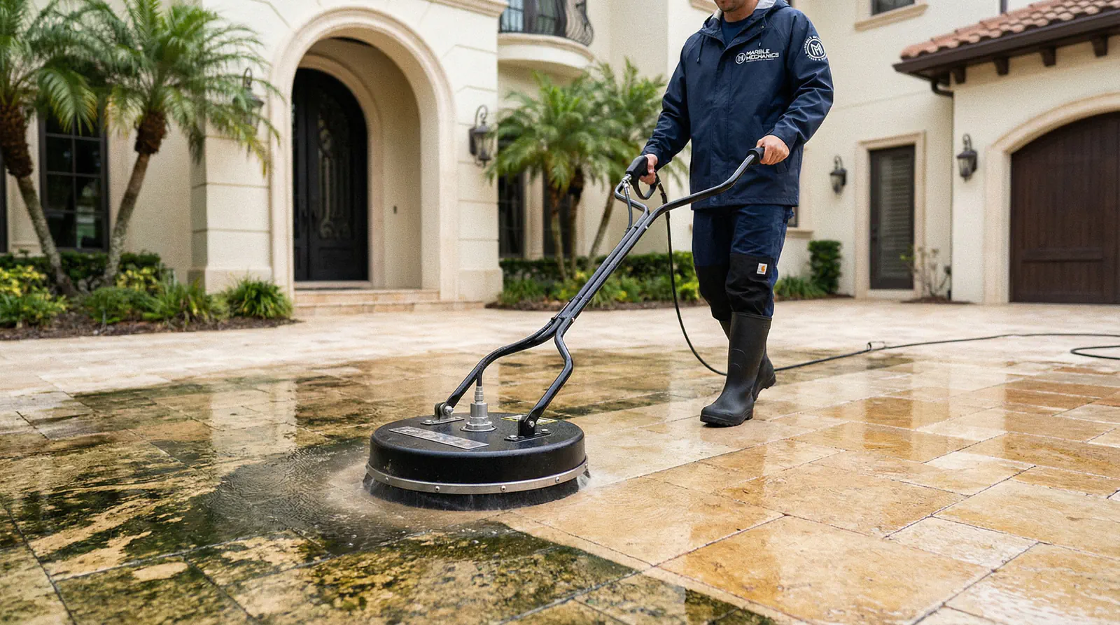 Paver cleaning in Tampa Bay: a travertine paver driveway under a rotary surface cleaner