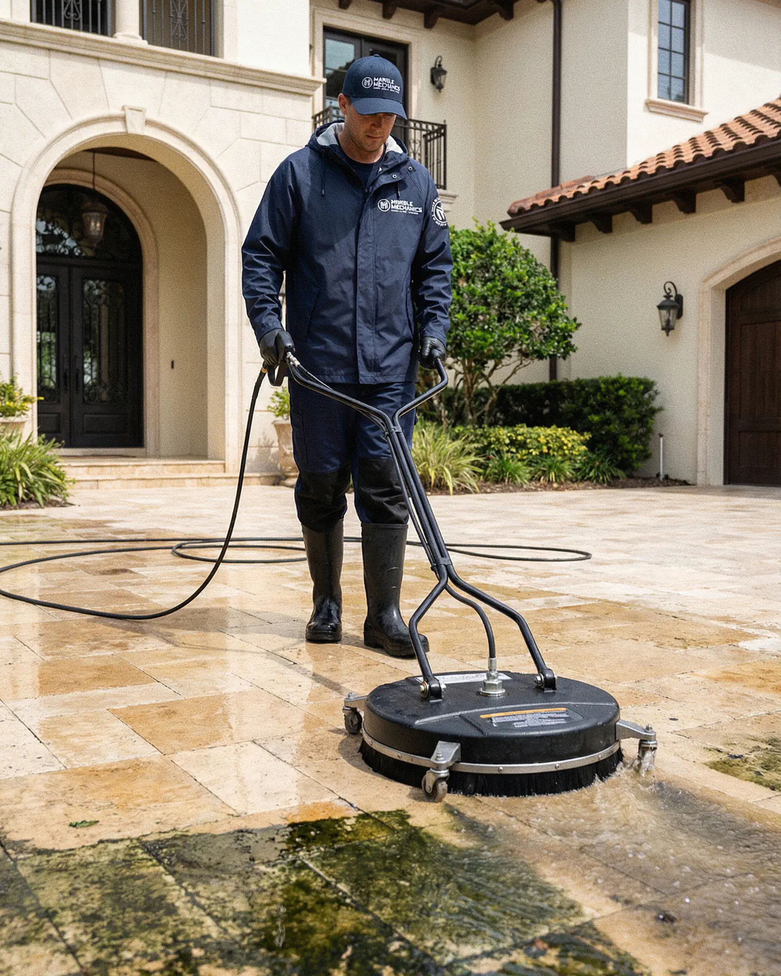 Paver cleaning in Tampa Bay: a Marble Mechanics technician running a rotary surface cleaner across a travertine paver driveway