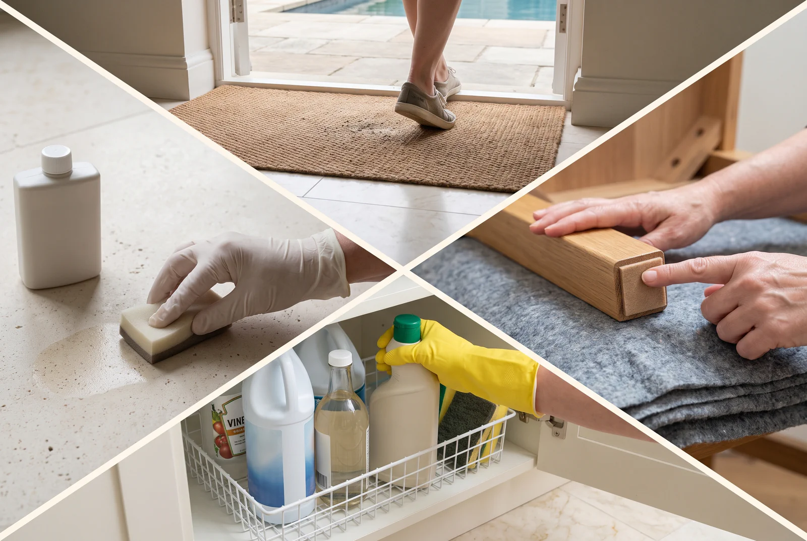 Four ways to protect a stone floor in Tampa Bay: a doormat at the pool door, sealer going down, harsh cleaners put away, and felt pads under furniture