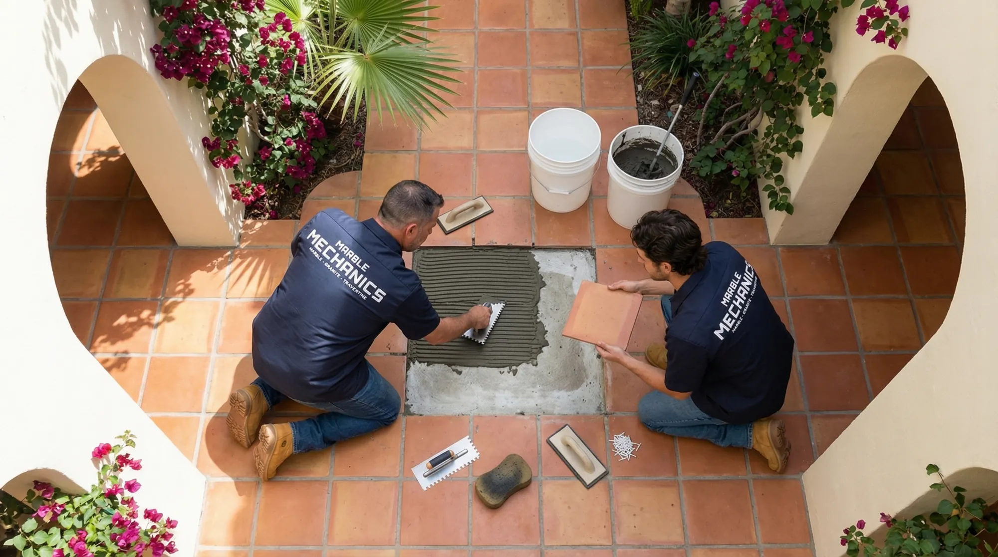 Two Marble Mechanics technicians setting a replacement Saltillo tile in a Tampa courtyard