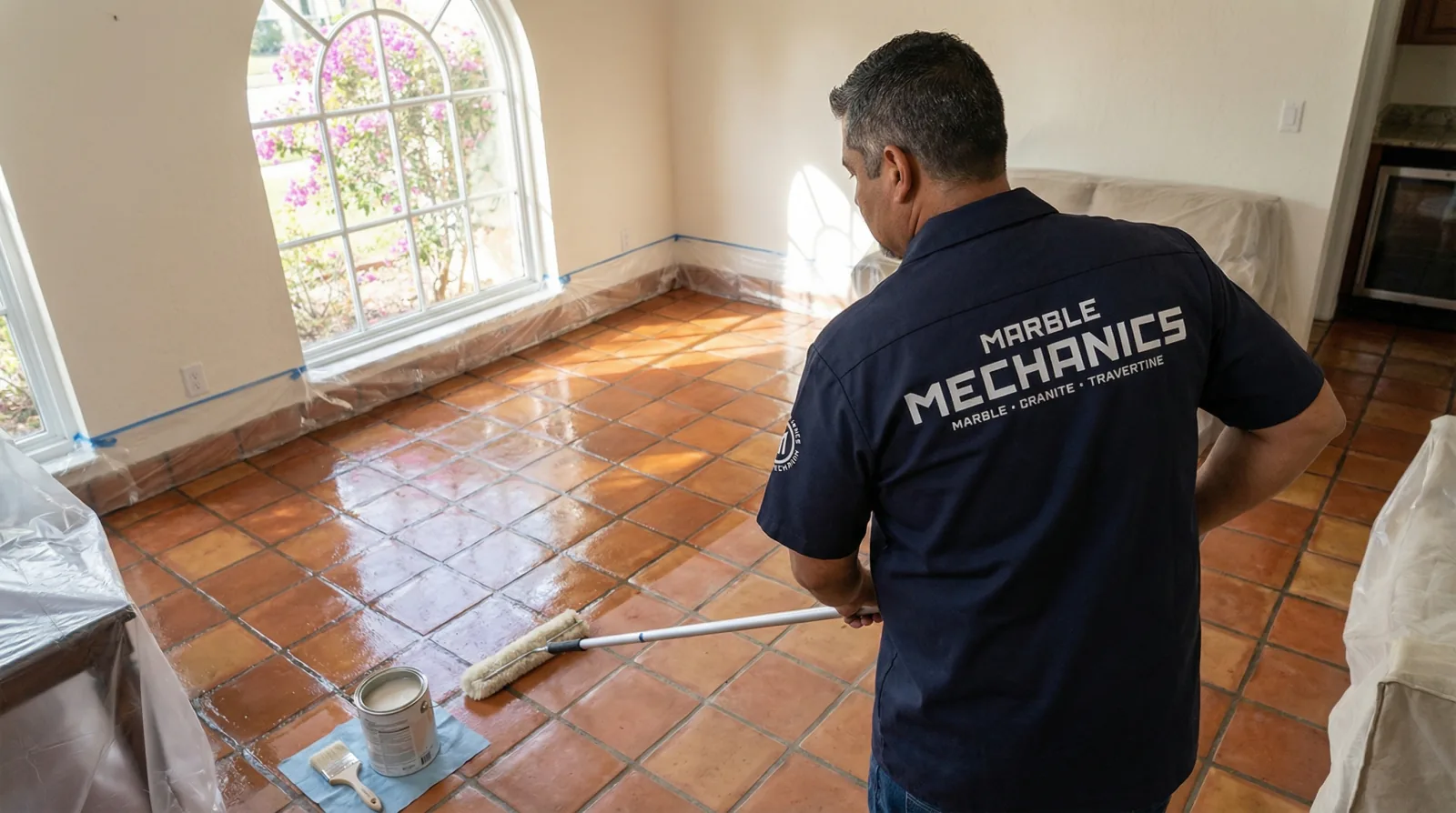 Marble Mechanics technician sealing a Saltillo tile floor in Tampa
