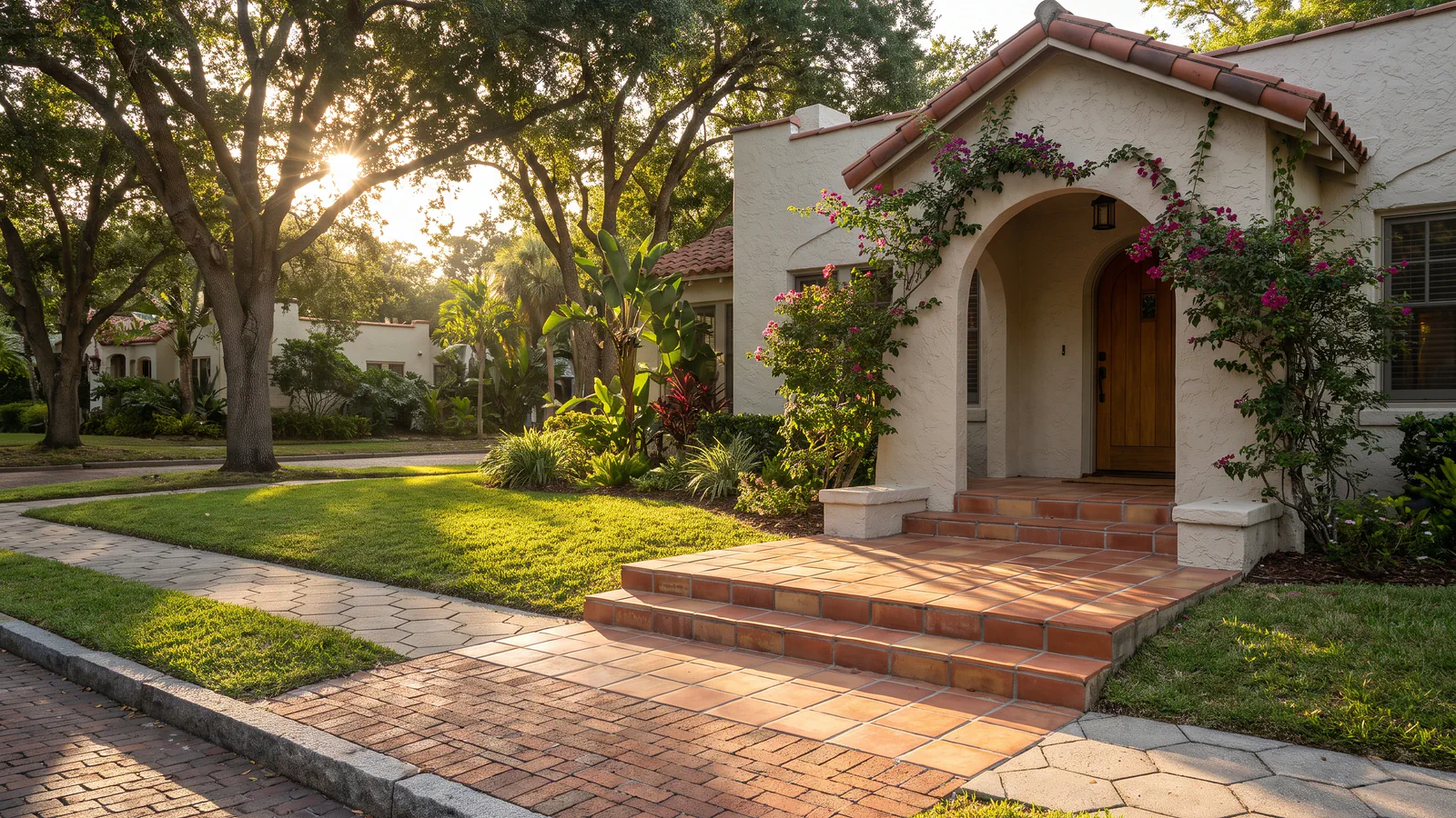 Spanish Revival home in Tampa with a Saltillo tile entry landing and steps out to the street