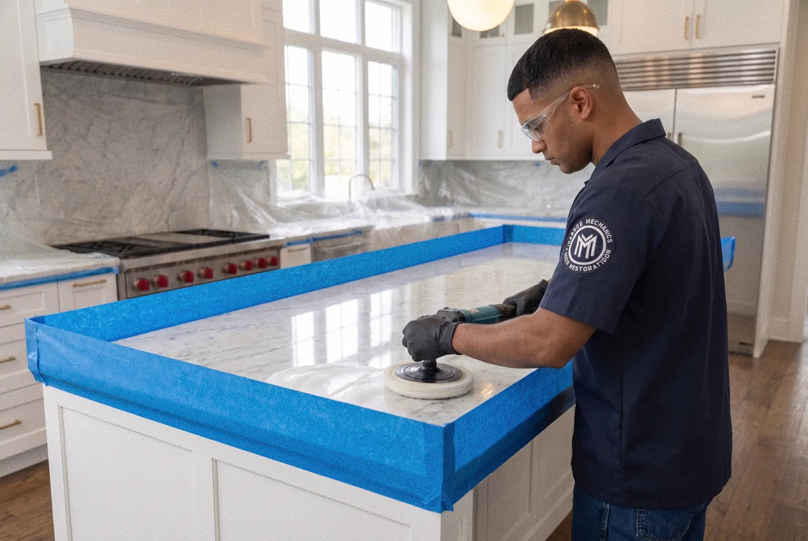 Stone countertop polishing in Tampa: a Marble Mechanics technician polishing a masked marble island with the kitchen sheeted off