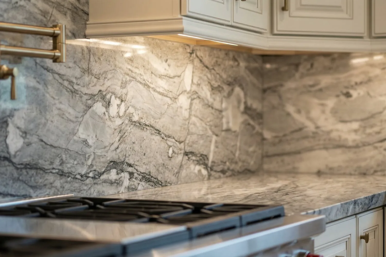 Quartzite countertop and backsplash beside a range in a Tampa Bay kitchen