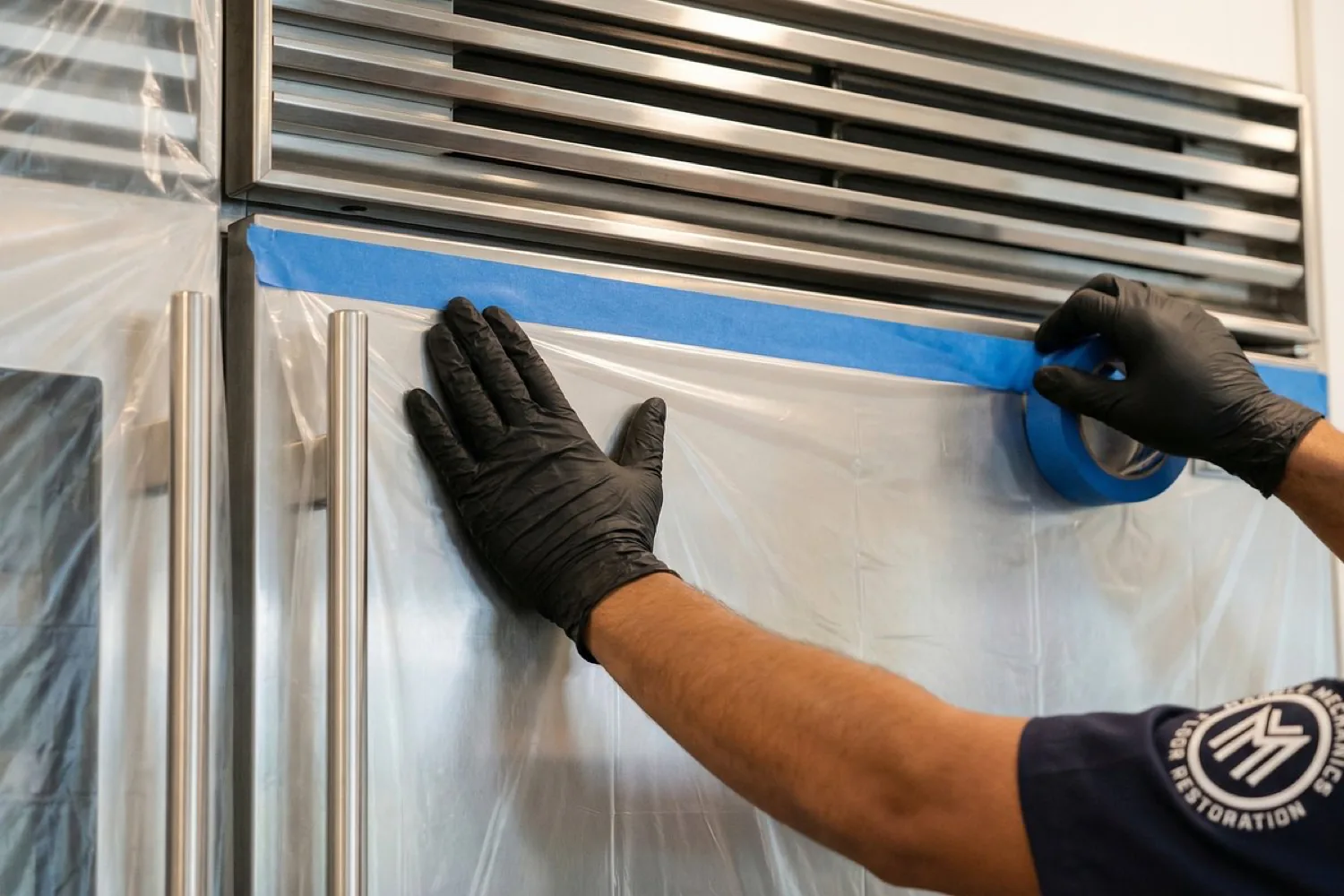 Masking and protecting kitchen appliances before countertop restoration in Tampa