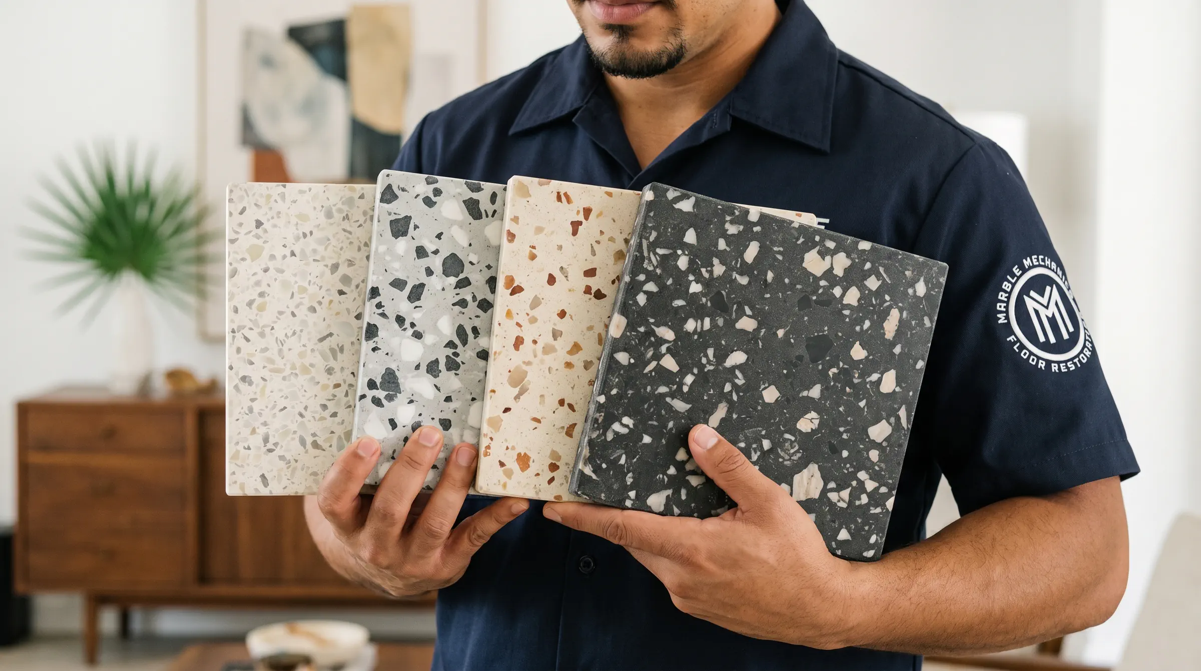 Terrazzo restoration in Tampa: four terrazzo samples held by a Marble Mechanics technician in a Tampa Bay living room