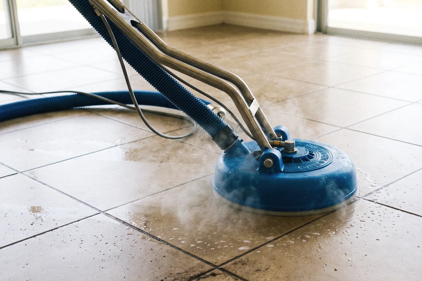 Tile and grout cleaning in Tampa: a spinner tool lifting dirt with hot water and vacuum extraction, steam rising from the tile