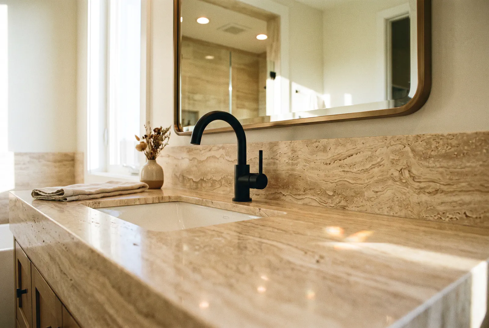 Travertine polishing in Tampa: a travertine vanity top with a matching backsplash