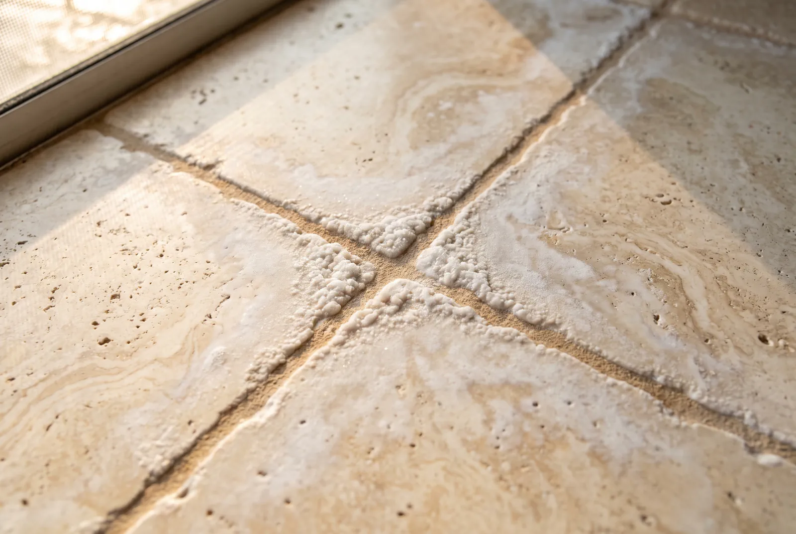 Travertine in Clearwater: white efflorescence blooming along the joints of an outdoor travertine deck