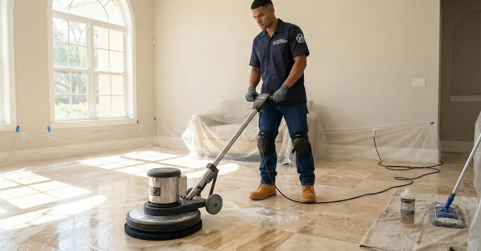 Travertine floor restoration in Tampa Bay: a rotary machine honing a travertine floor