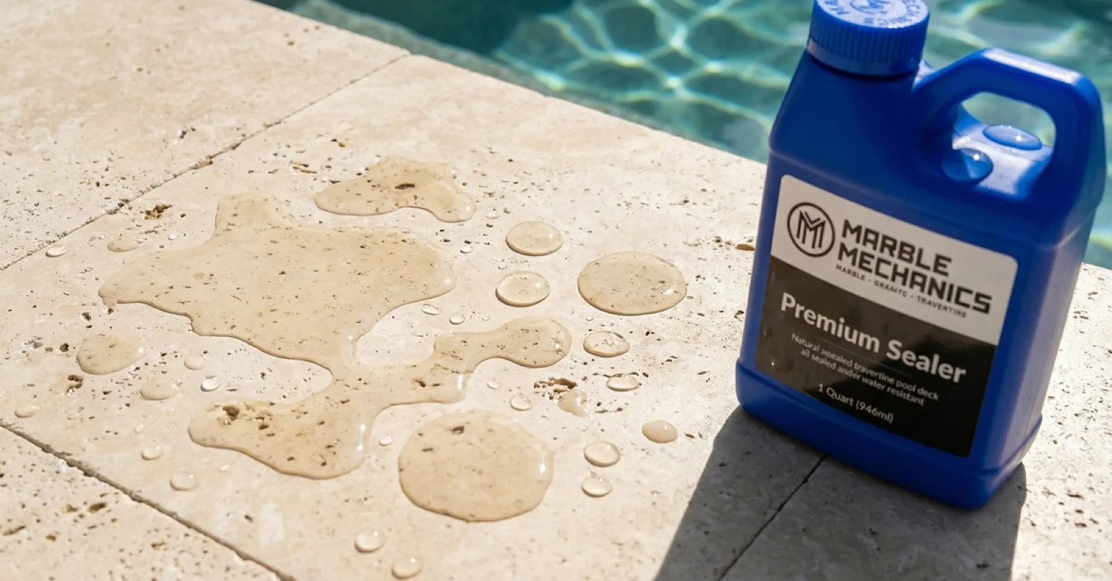 Travertine sealing in Tampa Bay: Marble Mechanics premium sealer beside water beading on a sealed travertine pool deck