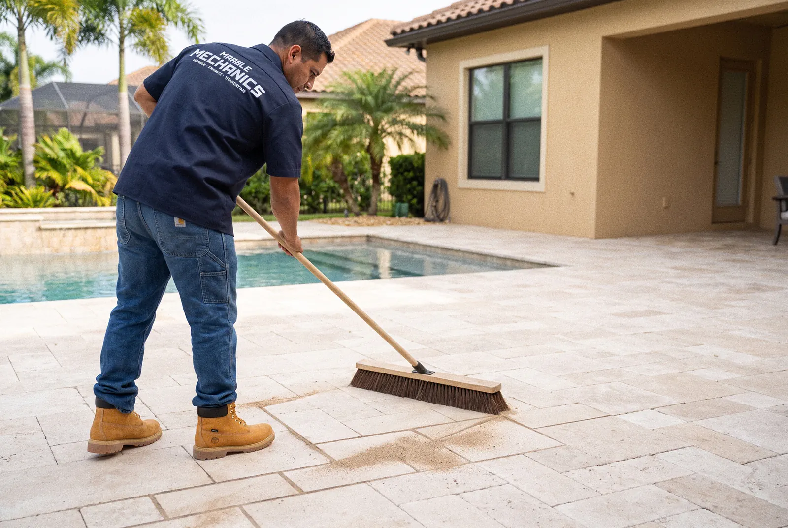 Travertine pavers in Clearwater: a Marble Mechanics technician sweeping joint sand into the gaps of a travertine pool deck