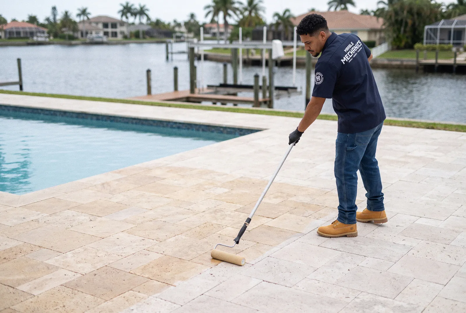 Paver sealing in Tampa Bay: sealer going down on a travertine pool deck