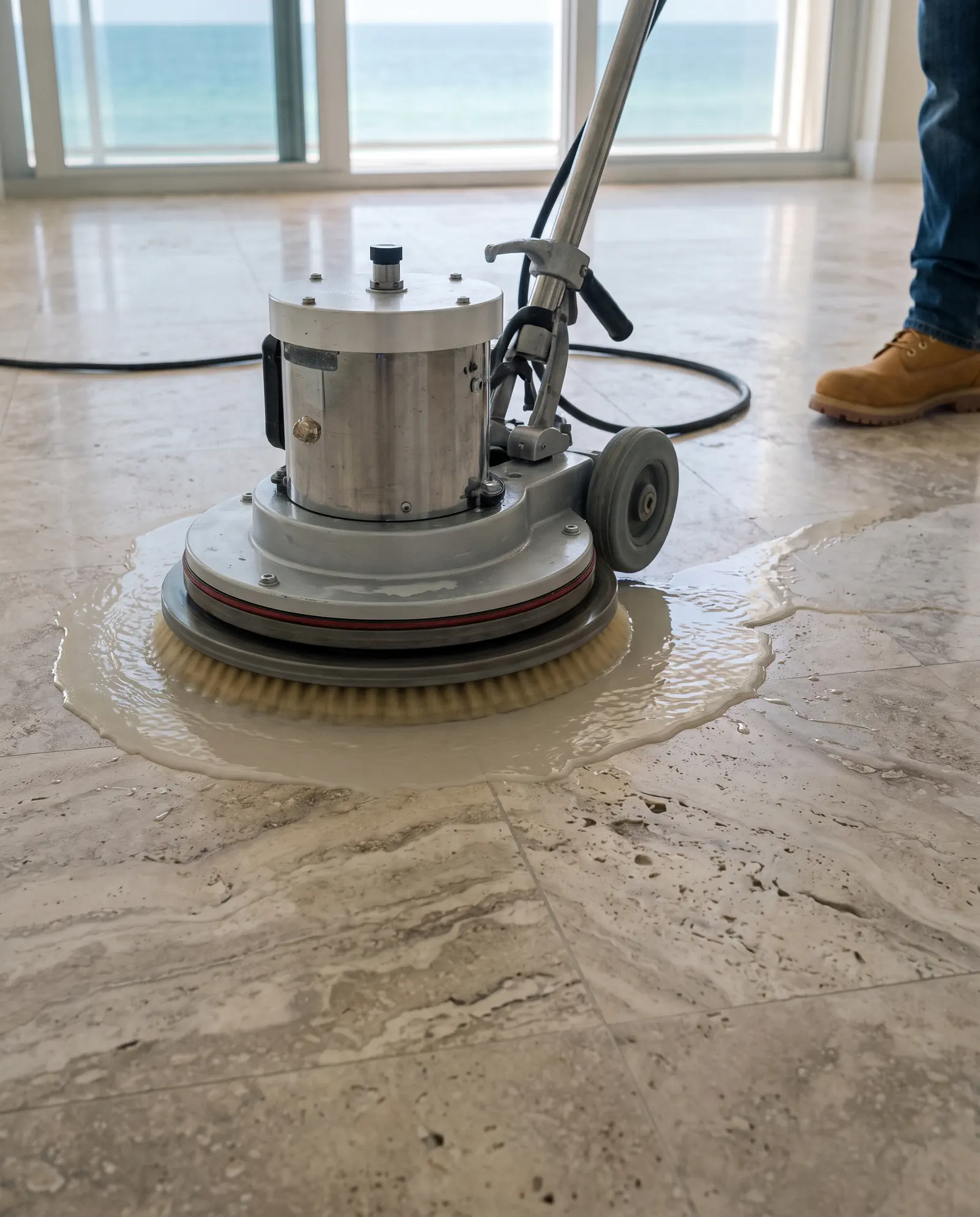 Travertine polishing in Clearwater: a rotary machine working a wet travertine floor in a Gulf front condominium