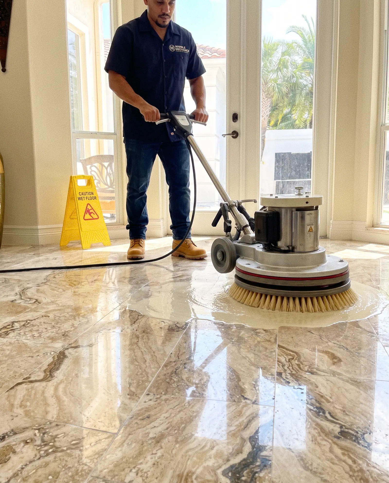 Travertine polishing in Tampa: a Marble Mechanics technician running a rotary polisher across a travertine floor to a mirror finish