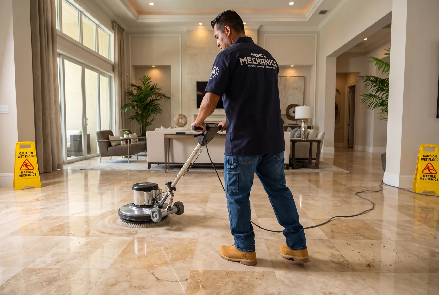 Marble Mechanics technician polishing a travertine living room floor with a rotary machine in Tampa